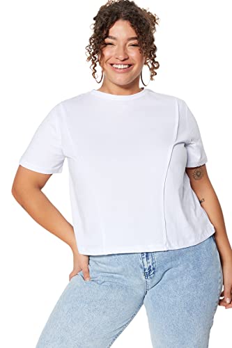 Trendyol Damska koszulka z dzianiny o regularnym kroju z okrągłym dekoltem w rozmiarze plus size, biała, 2XL, biały, XXLus