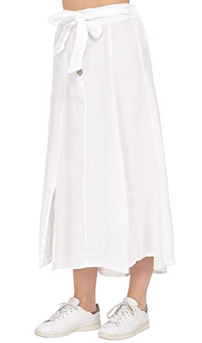 Bonateks Women Skirt 100% Len Made in Italy, długa spódnica z guzikami z paskiem na szalik, biała, rozmiar: XL, biały, XL