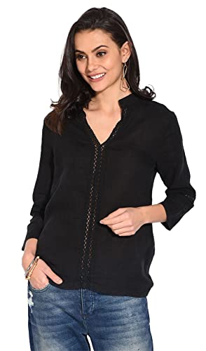 Bonateks damska top 100% lniana tunika Made in Italy, tunezyjska tunika z koronkowym karczkiem i rękawami 3/4, czarna, rozmiar: XL, czarny, XL
