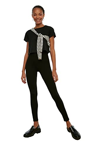 Trendyol legginsy damskie jasnoniebieskie, wysokie stany, regenerujące dzianiny legginsy, Czarny, M