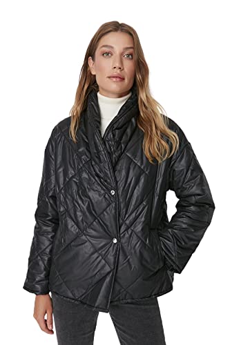 Trendyol Damska kurtka zimowa z klapą, wzór w romby, oversize, czarny, M, Czarny