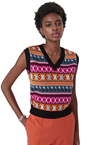 TRENDYOL Damska kamizelka z dekoltem w serek, wzór etno, regular dzianinowa Sweater, czarna, S, czarny, S