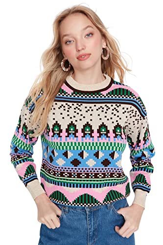 Trendyol Damska bluza z okrągłym dekoltem, etniczny wzór, regularna, brązowa, S, Brązowy