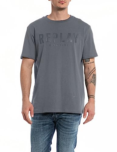Replay Męski T-shirt z krótkim rękawem, okrągły dekolt, logo, szary (Titanium 291), XL, Titanium 291, XL