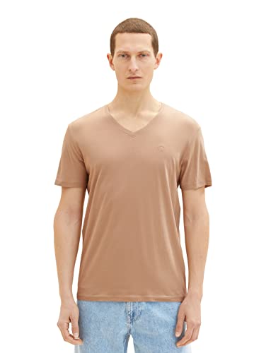 T-shirt męski TOM TAILOR Basic z dekoltem w szpic, 24048-jelonek pustynny, XL
