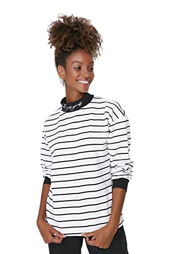 Trendyol Damska bluza z wysokim dekoltem w paski, biały, XS