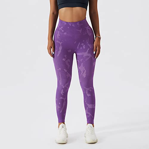 EULLA Legginsy damskie z wysokim stanem, moro, sportowe legginsy damskie, długie z brzoskwiniowym podnoszeniem bioder, spodnie sportowe, spodnie do jogi, treningu, na co dzień, liliowy, L