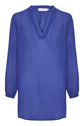 Cream Damska bluzka Tunic Longline V-Neck Frill Detale Koszula z długim rękawem, Sodalit Blue, 46