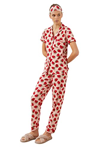 Trendyol Damska koszula tropikalna, średnia, dzianinowa, spodnie, zestaw piżamowy, różowy, XS
