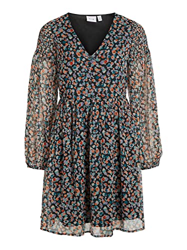 Vila Sukienka damska VIFALIA V-Neck L/S Dress/SU, czarna/AOP: Dotti, 34, Czarny/Aop: dotti, 34