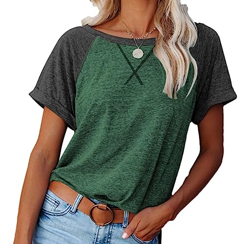 Clotth Damska koszulka Colorblock Crossover Loose Top z krótkim rękawem Casual T-Shirt, P-dark green-l, L