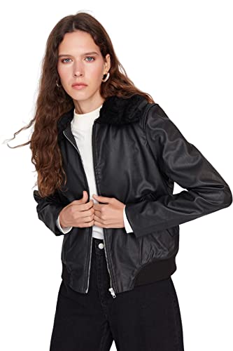 Trendyol Damska koszula kołnierz, zwykła, regularna, kurtka zimowa, płaszcz, czarny, M, Czarny