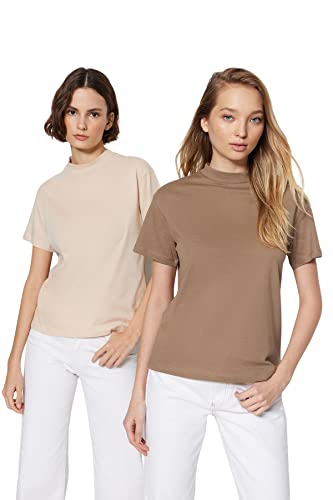 TRENDYOL Damski Basic Standing Collar Knit T-Shirt damski basic regular fit basic stójka dzianina t-shirt, beżowa, beżowy
