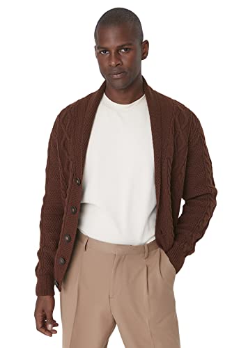 Trendyol Męski sweter z dekoltem w serek gładki wąski kardigan, cynamon, 2XL, Cynamon, XXL