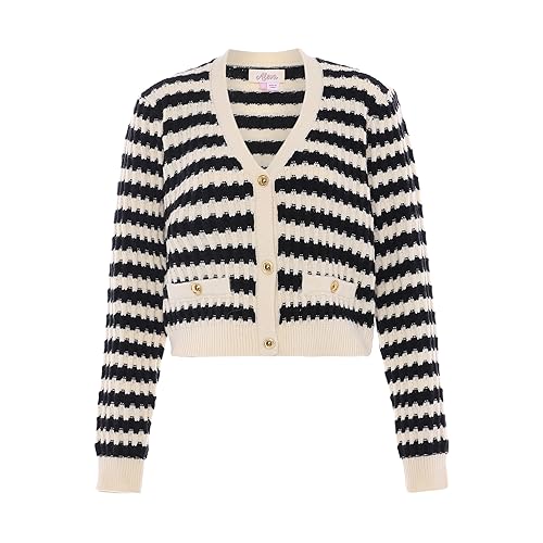 Aleva Damski kardigan w paski o małym zapachu z dekoltem w serek, wełniany, biały, wielokolorowy, rozmiar M/L, wełniany biały czarny, M