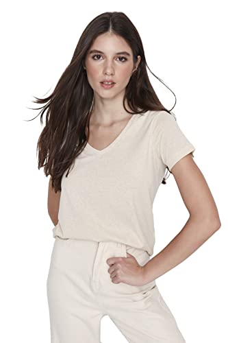 Trendyol Damska koszulka basic basic z dzianiny z dekoltem w serek, brązowo-wielokolorowa, S, Brązowo-wielokolorowy, S