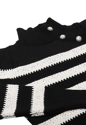 faina Damski sweter z dzianiny w paski z półwysokim kołnierzem i ukośnym guzikiem, czarny, rozmiar XS/S, czarny, XS