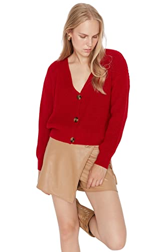 Trendyol Damski regularny kardigan z dzianiny z dekoltem w serek, Czerwony, L