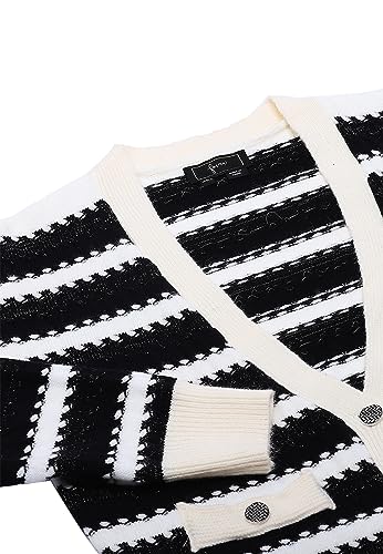 faina Damski kardigan w paski, modny kardigan z dekoltem w kształcie litery V, akryl wełniany biały, czarny, rozmiar XS/S, wełniany biały czarny, XS