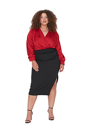 Trendyol Damska spódnica ołówkowa midi spódnica z rozcięciem, tkana spódnica w rozmiarze plus size, Czarny, 70