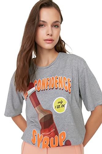 Trendyol Damska koszulka oversize z okrągłym dekoltem, Szary, XS