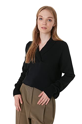 Trendyol Damska bluza z dekoltem w serek zwykły zwykły sweter, Czarny, M