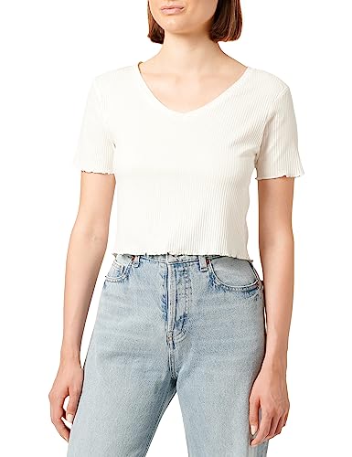 Koton Damska koszulka Ribbed V Neck Short Sleeve Crop, Ecru (010), M