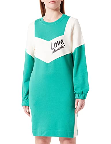 Love Moschino Damska luźna sukienka z długim rękawem z kontrastowymi wkładkami, rękawy z tyłu i włoskim nadrukiem z przodu, beżowy zielony, 46