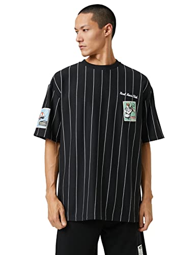 Koton Męski T-shirt Oversized College Crew Neck Printed Short Sleeve, Black Stripe (04 m), M