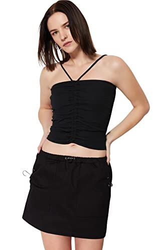 Trendyol Damska bluzka z dzianiny slim basic wiązana na szyi, Czarny, S