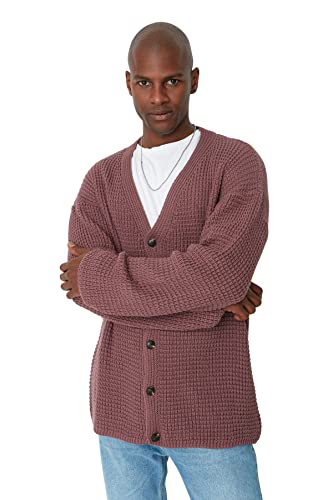 Trendyol Męski oversize standardowy kardigan z dekoltem w serek różowy, różowy, XS