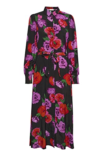 Damska koszula KAFFE Maxi Tie Waist Printed Długi rękaw, Czarny -Czerwony/Fioletowy Duży Kwiat, 36