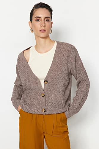 Trendyol FeMan Oversize Basic kardigan z dzianiny z dekoltem w serek, norka, S, Norka, S