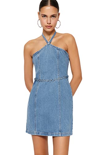 Trendyol Damska sukienka dżinsowa z odsłoniętymi ramionami, niebieska, 36, NIEBIESKI, 62