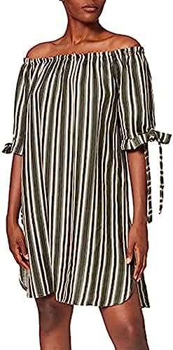 Bonateks, Krótka sukienka w paski z kołnierzem w łódkę i wiązanymi rękawami, 100% len, rozmiar DE: 42 rozmiar US: XL, lekki khaki - wyprodukowano we Włoszech, zielony, 42