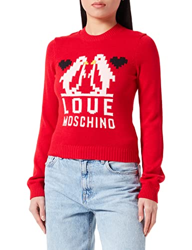 Love Moschino Damski sweter Slim Fit Long Sleeved with Love Penguins żakardowy Intarsia Pullover Sweater, czerwony, 38