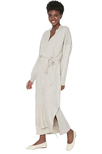 Trendyol Damski sweter z dekoltem w serek, gładki, dopasowany kardigan, beżowy, L, BEŻOWY, L