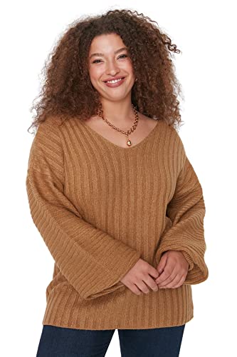 Trendyol Damska bluza z dekoltem w serek gładka luźna bluza plus size, kolor norek, 3XL, Kolor norek