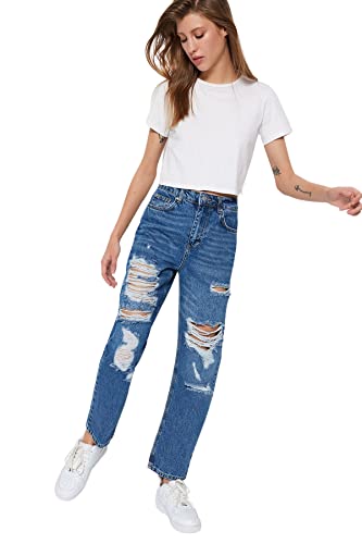 Trendyol Damskie spodnie jeansowe z wysokim stanem i nogawkami, NIEBIESKI, 62