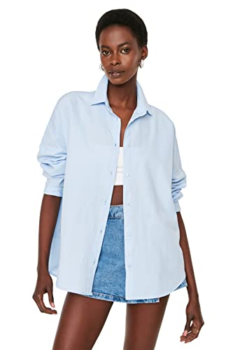 Trendyol Damska koszula basicowa oversize basic, tkana koszula z kołnierzem, Jasnoniebieski, 60