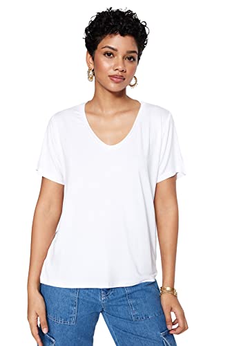 Trendyol Damska koszulka z dzianiny Regular Fit Basic V Neck, biały, S