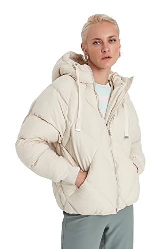 Trendyol Damska kurtka zimowa z długim rękawem, zapinana na zamek błyskawiczny, puchowa, BEŻOWY, L