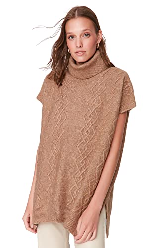 TRENDYOL Damska kamizelka z golfem, jednokolorowa, regularna, dzianinowa, sweter, camel, S, piaskowy, S