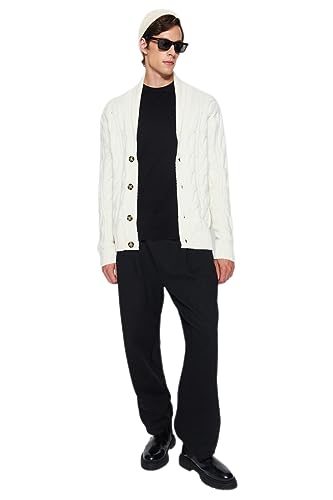 Trendyol Męski wąski krój podstawowy kardigan z klapą kołnierz, ecru, M, Ecru, M