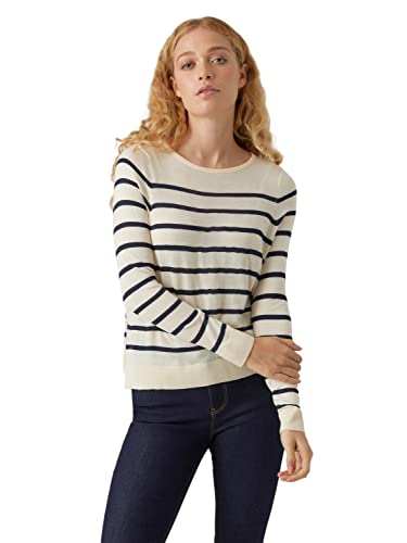 VERO MODA Women's VMNOVA LS O-Neck GA sweter damski, brzoza/paski: granatowy, L, brzoskwinia/paski: granatowy blezer, L