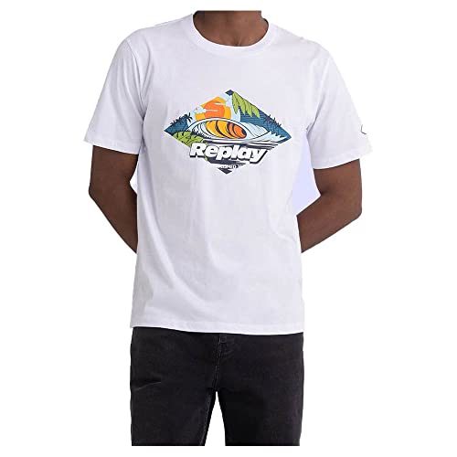 Replay T-shirt męski z krótkim rękawem z nadrukiem, 001 White, S