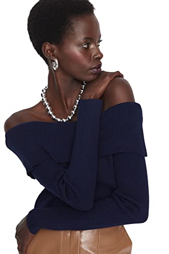 Trendyol Damski sweter z dzianiny Bodycon Carmen Collar, granatowy, M