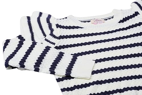 Aleva Damski sweter w paski z falbankami i okrągłym dekoltem, wełniano-biały, granatowy, rozmiar XS/S, Wełniana biel morska, XS