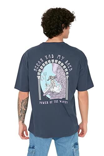 TRENDYOL Męski t-shirt o regularnym kroju z okrągłym dekoltem, granatowy, XS