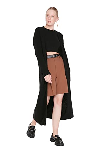 Trendyol Damski damski regularny ponczo okrągły dekolt dzianina kardigan sweter, Czarny, M